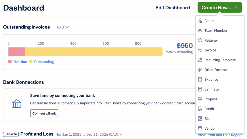 FreshBooks accounting software dashboard screenshot