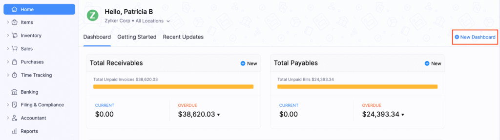 Zoho Books accounting software dashboard screenshot