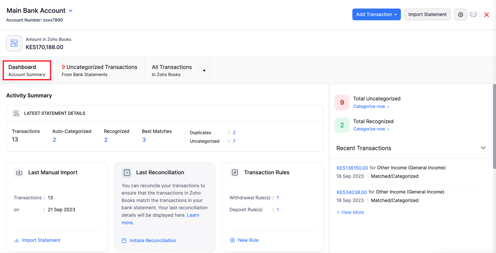 Zoho Books dashboard