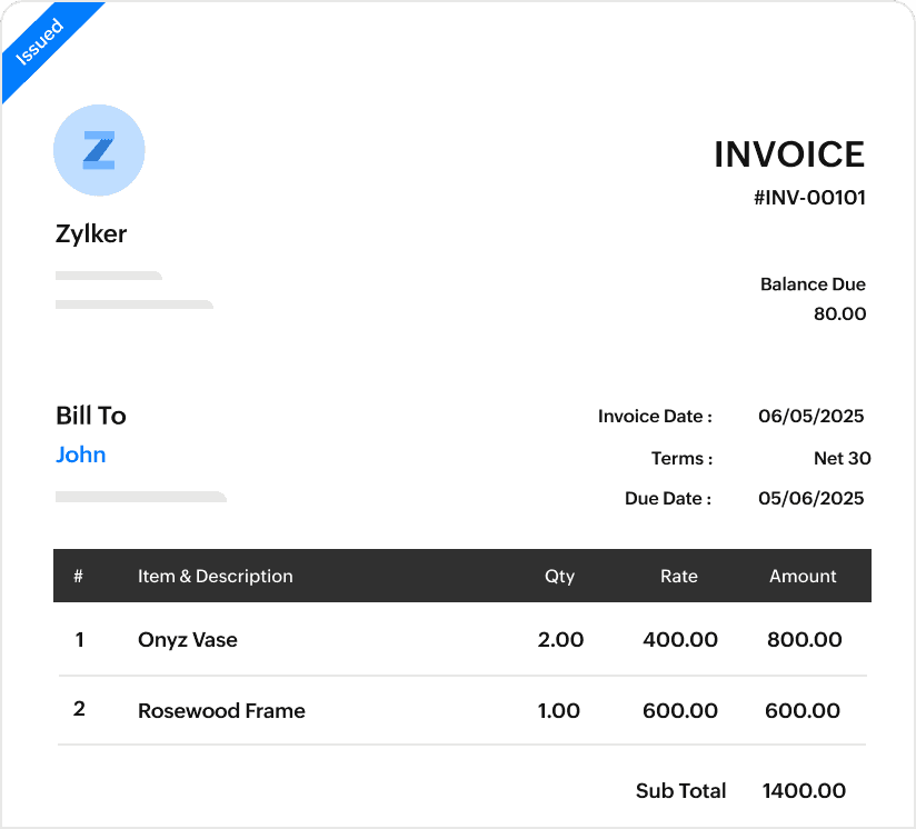 Zoho Books invoicing screen
